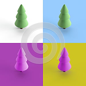 3D rendering of pine trees isolated in different colors