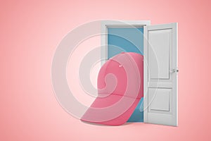 3d rendering of pink baseball cap emerging from white door on pink copys space background.