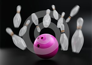 3d rendering-Pink Bowling Ball crashing into the pins on black background