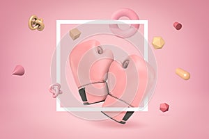 3d rendering of pink boxing gloves with random objects on pink background