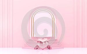 3d rendering Pink gate and studio Background with podiums Steps and polygon heart roses.