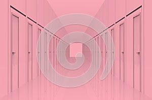 3d rendering. Pink Hallway doors with light and the end of the way. several Selection to the goal or success in business concept.