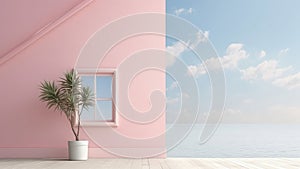 3D rendering of a pink house model is simple in design.