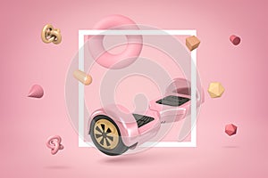 3d rendering of pink hoverboard with random objects on pink background