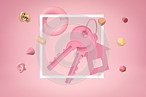 3d rendering of pink keys and a house shape key fob with random objects on pink background
