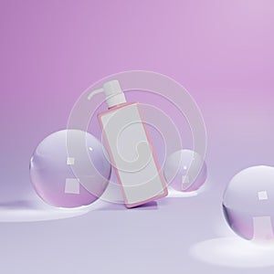 3D rendering pink lotion headpump bottle on violet gradient background with crystal ball