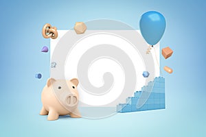 3d rendering of pink piggy bank, blue lego pieces and blue balloon with random objects on white and blue background