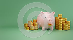 3d rendering. pink piggy bank with gold coins stack on green background. investment concept.