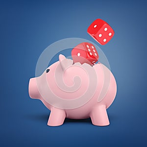 3d rendering of pink piggy bank with a pair of red solid dice on blue background