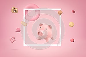 3d rendering of pink piggy bank with random geometric objects on pink background