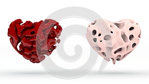 3D rendering of pink and red hearts, symbols of the Valentine`s day. Two hearts of different structures, with curves and smooth