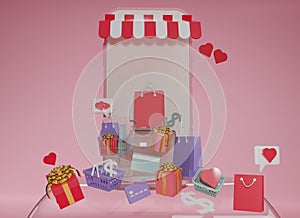 3d rendering pink smartphone and shopping online on pink background. Concept of e-commerce sales, online shopping, digital