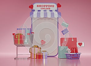 3d rendering pink smartphone and shopping online on pink background. Concept of e-commerce sales, online shopping, digital