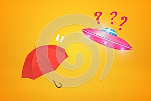 3d rendering of pink UFO with red question marks and red umbrella on yellow background