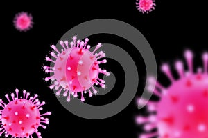 3d rendering of pink viruses isolated on a black background. Concept of the covid-19 outbreak.