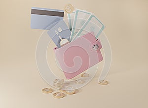 3d rendering pink Wallet with cash, credit cards and gold coins on beige background. Falling coins and pink purse. Cashless