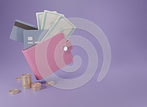 3d rendering pink Wallet with cash, credit cards and gold coins on purple background. Falling coins and pink purse. Cashless