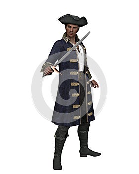 3D rendering of a pirate captain holding a sword isolated on white