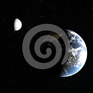 3d rendering of the planet earth with the night cities of America and the moon, partially illuminated by the sun, the elements are