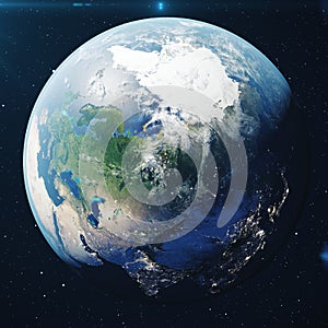 3D Rendering Planet earth from the space at night. The World Globe from Space in a star field showing the terrain and