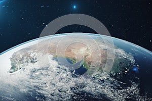 3D Rendering Planet earth from the space at night. The World Globe from Space in a star field showing the terrain and