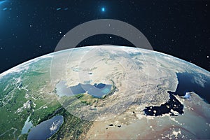 3D Rendering Planet earth from the space at night. The World Globe from Space in a star field showing the terrain and