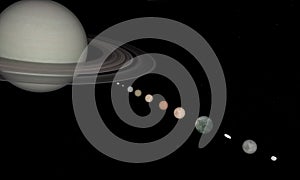 3d rendering of the planet Saturn and moons closeup with stars on background