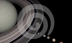 3d rendering of the planet Saturn and moons closeup with stars on background