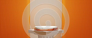 3D rendering of Podium for displaying merchandise on Greek columns and orange backdrop background. Mockup for show product