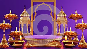 3D rendering podium for diwali festival Diwali, Deepavali or Dipavali the festival of lights india with gold diya on podium,