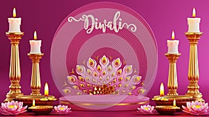 3D rendering podium for diwali festival Diwali, Deepavali or Dipavali the festival of lights india with gold diya on podium,