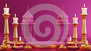 3D rendering podium for diwali festival Diwali, Deepavali or Dipavali the festival of lights india with gold diya on podium,