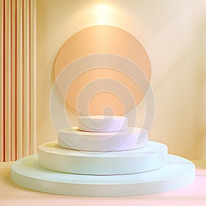 3D rendering of a podium with pastel yellow and blue hues with a big circle on the wall behin