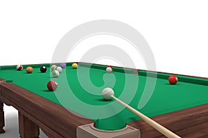 3d rendering of a pool table with a cue stick aiming from the corner and hitting a white ball.