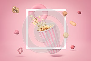 3d rendering popcorn bucket with random objects on pink background.