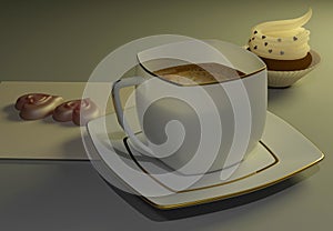 3d rendering porcelain coffee cup, chocolate hearts and cream cake