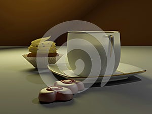 3d rendering porcelain coffee cup and chocolate hearts and cream cake