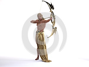 3D Rendering : A portrait of the elf male character standing with a golden bow and arrow in his hands