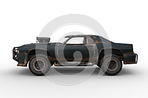 3D rendering of a post apocalyptic vehicle isolated on a white background