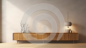 3d rendering of a potted plant on a wooden storage cabinet in living room.