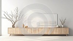 3d rendering of a potted plant on a wooden storage cabinet in living room.