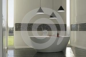 3d rendering of precious white bathroom with black mosaic tiles at wall