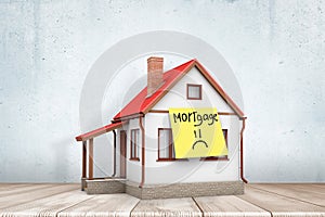 3d rendering of a private white house with red roof on white wooden floor and yellow `Mortgage` note on white background