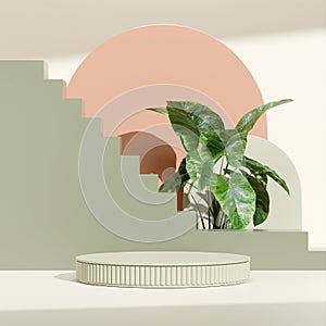 3D rendering product display podium with plant geometrical stairs a circle an arch in the background