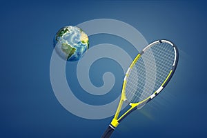 3d rendering of a professional black and yellow tennis racquet ready to return a ball looking like a small Earth globe.
