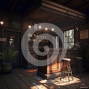 3D rendering of a pub interior with a bar counter and chairs