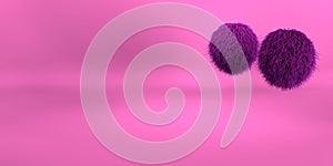 3D rendering of a Purple geometric background for commercial advertising. Purple fur balls. Purple fluffy hairs ball on Pink backg