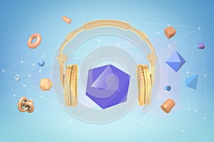 3d rendering of purple icosahedron floating between earcups of golden headphones on light blue background with other