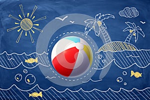 3d rendering of rainbow beach ball with sea, fish, tropical island and sun drawn on blue background