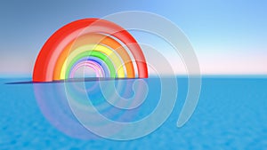 3D rendering of a rainbow on the left side casting shadows over an ocean reflecting the colors of the arcs